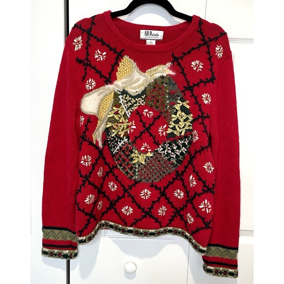 Sweaters - Vtg All Points Womens Holiday‎ Wreath Sweater Size M Chunky Knit Art to Wear 90s
